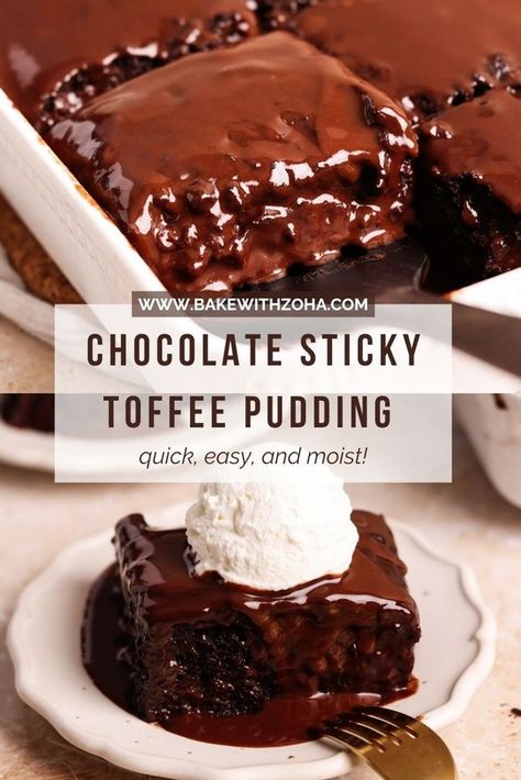 Try this quick and easy chocolate sticky toffee pudding cake. It is a warm, gooey treat that’s simple to make but full of flavor! Perfect for fall, winter, and holiday desserts. It is a moist chocolate date cake drenched in a chocolate toffee sauce making it a comforting cake ready in just 20 minutes. Grab the recipe at bakewithzoha.com! Chocolate Sticky Toffee Pudding, Chocolate Date Cake, Toffee Pudding Cake, Sticky Toffee Pudding Cake, Chocolate Bread Pudding, British Desserts, Date Cake, Toffee Recipe, Toffee Sauce