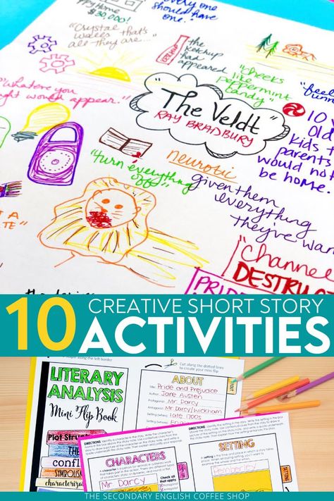 I love to try out and include as many fun and engaging activities as possible when teaching short stories. And since stories are short and filled with literary richness, they are absolutely perfect for bringing in and trying new ideas and activities. Here is a look at 10 of my favorite short story activities in the secondary ELA classroom. Teaching Short Stories | Short Story Activities | Creative Short Story Assignments | Engaging Short Story Work | Planning a Short Story Unit Short Story Activities Middle School, Short Story Activities High School, Middle School Short Story Unit, High School Short Stories, Story Elements Activities, Teaching Short Stories, Story Telling Activities, Secondary Ela Classroom, Work Planning