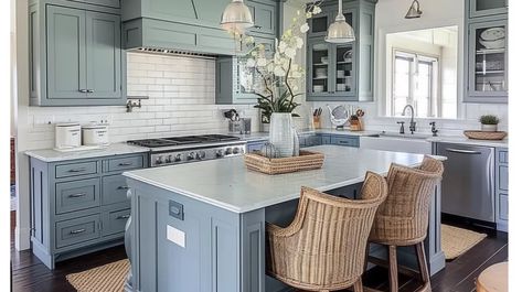 17 Stunning Blue Gray Kitchen Cabinet Ideas to Inspire You Light Blue Island Kitchen, Gray Kitchen Cabinet Ideas, Blue Gray Kitchen, Blue Gray Kitchen Cabinets, Kitchen Wall Tiles Design, White Upper Cabinets, Gray Kitchen Cabinets, Grey Blue Kitchen, Blue Kitchen Island