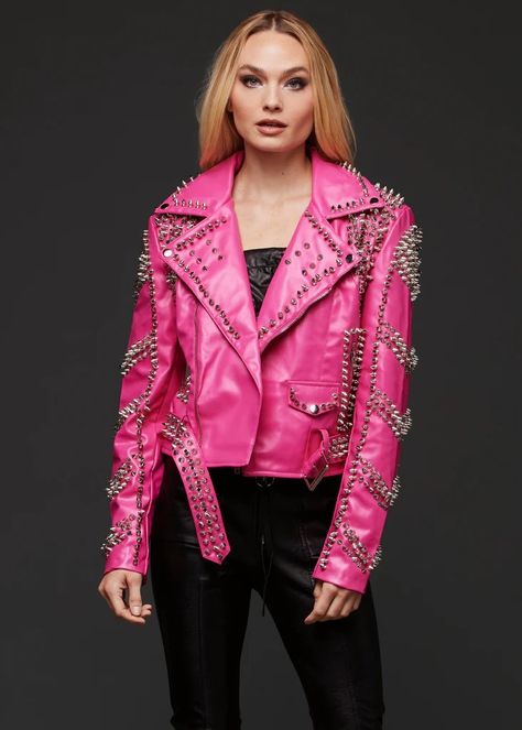 Pink Punk Jacket, Pink Leather Outfit, Jacket Rack, Pink Biker Jacket, Pink Moto Jacket, Shaggy Jacket, Punk Rock Style, Pink Punk, Pink Leather Jacket