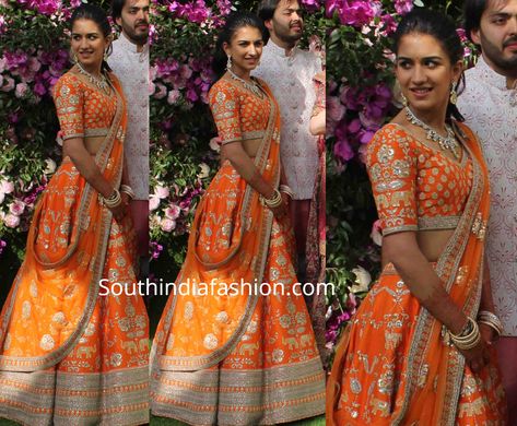 Anant Ambani’s girlfriend Radhika Merchant in a Sabyasachi lehenga Green Silk Lehenga, Akash Ambani, Radhika Merchant, Anant Ambani, Orange Lehenga, Women Ethnic Wear, Indian Bridesmaid Dresses, Silk Lehenga Choli, Half Saree Lehenga