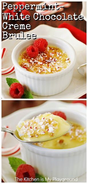 Peppermint-White Chocolate Creme Brulee ~ Laced with white chocolate & peppermint baked into the custard, this is one beautifully-festive dessert for the Christmas season! #Christmasdessert #peppermint #peppermintdessert www.thekitchenismyplayground.com Peppermint Creme Brulee, Holiday Creme Brulee, Christmas Creme Brulee, Light Christmas Dessert, White Chocolate Creme Brulee, Hanukkah Desserts, Chocolate Creme Brulee, Peppermint Dessert, Peppermint Recipes