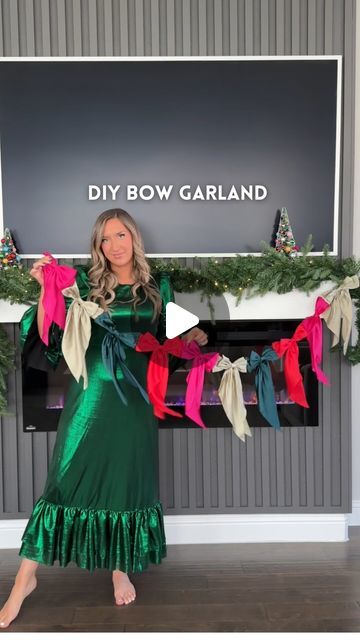 Kristin Miller | Creator | Dallas, TX on Instagram: "DIY BOW GARLAND🎀Comment “jolly” to get supplies to make this sent directly to your DMs! Let’s recreate this anthro-inspired garland on a budget! This was so easy and it’s fun to pick your own colors to match your christmas decor color scheme too! When I saw @whimsicallywonderful make one, I was excited to try it! Save & share with your bow-loving bestie and follow along for more ideas💜 • Here’s what you need: • large satin bows • hot glue (i recommend low heat)  Directions: Take your bows then hot glue them side by side. Pinch gently to secure and allow them to dry before hanging. • • #christmasdecor #christmasideas #bowgarland #bowtrend #diychristmas #christmascrafts #homedecor #christmasgarland #bowsbowsbows #easydiy" Anthro Bow Garland, Christmas Bow Garland, Anthro Inspired Christmas, Velvet Diy, Streamer Decorations, Bow Garland, Decor Color Schemes, Holiday Bows, Jolly Holiday