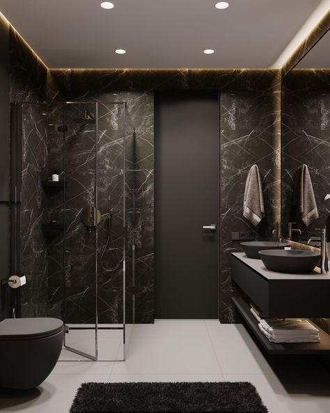 Bathroom Interior Design Luxury Black, Dark Modern Bathroom, All Black Bathroom, Bathroom Interior Design Luxury, Dark Bathroom Ideas, Dark Interior Design, Dark Bathroom, Wc Design, Bathroom Design Black