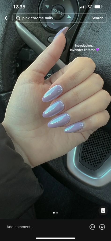 Lavender Nails Almond, Spring Nails Lavender, Lavender Chrome Nails, Spring Nails Pastel, Nails Almond Spring, Lavender Chrome, Pastel Spring Nails, Almond Spring Nails, Nails Lavender