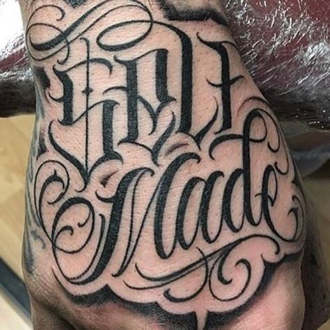 Hand Written Tattoos, Paisley Tattoo Design, Chest Tattoo Lettering, Self Made Tattoo, Name Tattoo On Hand, Scroll Tattoos, Chicano Tattoos Sleeve, American Indian Tattoos, Card Tattoo Designs