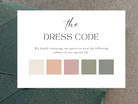 Canva Dress Code Card Template, Wedding Color Palette, Dress Code Insert, Guest Attire Info, Minimalist Color Request Card, DIY Mood Board - Etsy Turkey Colour Palette Dress Code, Color Palette Dress Code, Dress Code Color Palette, Wedding Guest Color Palette, Color Palette Dress, Dress Code Card, Diy Mood Board, Semi Formal Wedding Attire, Wedding Dress Code