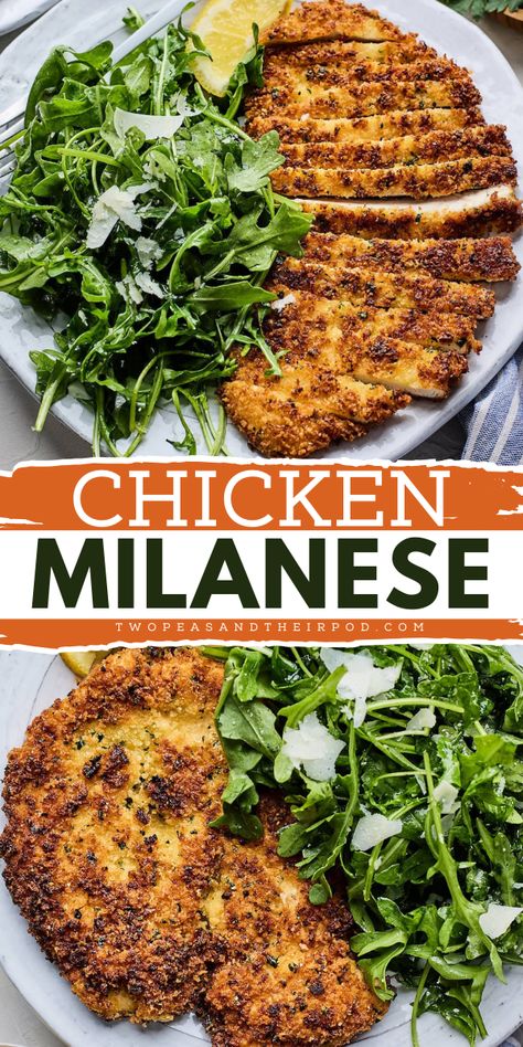 Add this Italian Chicken Milanese to your simple weeknight dinner ideas! This chicken recipe starts with breaded chicken breasts served with a simple arugula salad. What a delicious weeknight dinner recipe for the family! Healthy Chicken Milanese Recipe, Milanese Chicken Recipes, Arugula Chicken Recipes, Oven Baked Chicken Milanese, Chicken Melinase, Chicken Milanese Side Dishes, Arugula Recipes Dinners, Authentic Italian Chicken Recipes, Chicken Milanese With Arugula Salad