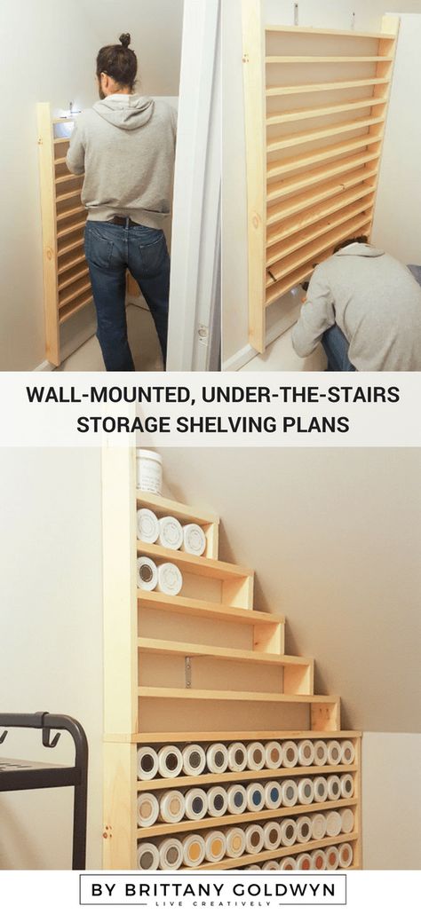 Learn how to build shelves under a staircase. My shelves are specifically designed for my craft paints, but this can be easily adapted for your needs! Shelves Under Stairs, Craft Storage Closet, Build Shelves, Hall Stairs, Stairs Landing, Home Decor Storage, Stairs Storage, Wall Storage Shelves, Storage Shelving