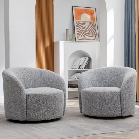 Latitude Run® 34" Upholstered Swivel Barrel Chair | Wayfair Boucle Chair Living Room, Boucle Chair, Swivel Barrel Chair, Swivel Accent Chair, Accent Arm Chairs, Soft Seating, Barrel Chair, Accent Chairs For Living Room, Chair Fabric