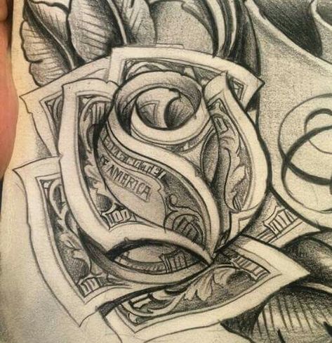 #MoneyRose Money Rose Tattoo, Art Chicano, Rose Drawing Tattoo, Money Rose, Gangsta Tattoos, Money Tattoo, Chicano Tattoos, Drawing Hands, Tattoo Zeichnungen