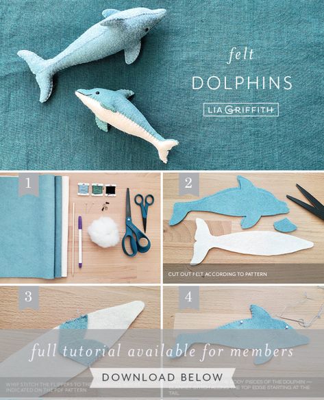 Felt Dolphins DIY Pattern & Tutorial - Lia Griffith Stuffed Animals Diy, Diy Felt Animals, Felt Toys Diy, Cute Sewing Projects, Felt Crafts Diy, Animal Sewing Patterns, Toys Diy, Sewing Stuffed Animals, Diy Felt