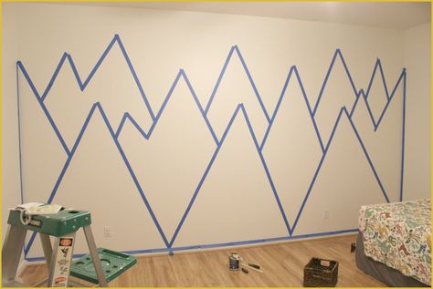 Painting A Mountain, Tape Mural, Diy Mountain Mural, Paint A Mountain, Diy Mountain, Boys Room Mural, Wall Art Paint, Mural Bedroom, Bedroom Mural