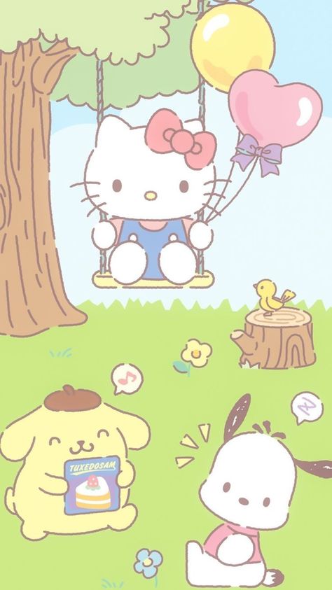 Spring Sanrio Wallpaper, Hello Kitty Pompompurin, 헬로키티 배경화면, Hello Kitty Shoes, Walpaper Hello Kitty, Hello Kitty Aesthetic, Iphone Wallpaper Sky, Kitty Images, Hello Kitty Characters