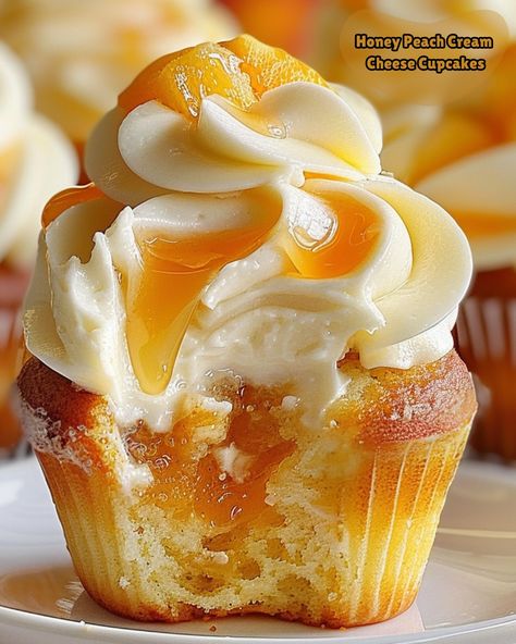 Honey Peach Cream Cheese Cupcakes Recipe Fruity Cupcakes, Cheesecake Cups Recipe, Peaches Cream Cheese, Peach Cupcakes, Chocolate Cherry Cookies, Cream Cheese Cupcakes, Specialty Cupcakes, Peach Preserves, Cream Cheese Desserts