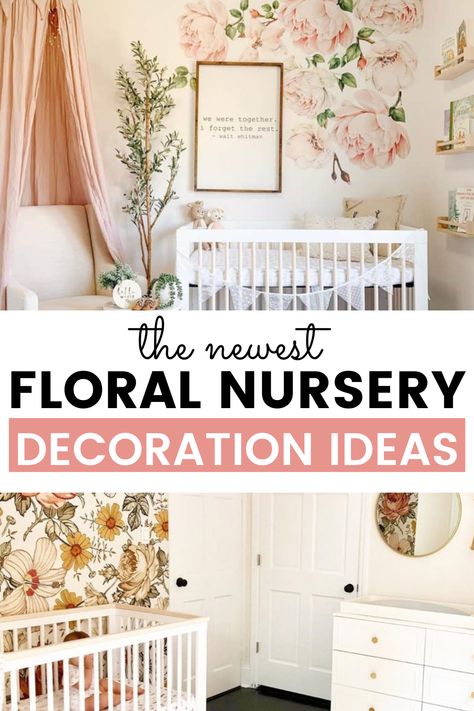 Diy Floral Nursery Decor, Boho Garden Nursery, Garden Theme Nursery Girl, Floral Theme Nursery, Spring Nursery Ideas, Flower Nursery Ideas, Flower Themed Nursery, Green Floral Nursery, Wildflower Nursery Theme