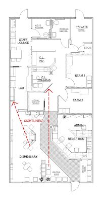 Optometric Office Design Ideas: November 2007 Office Design Layout Floor Plans, Home Office Design Layout, Hospital Floor Plan, Medical Clinic Design, Hospital Plans, Eyewear Store Design, Optometry Office, Healing Hearts, Office Floor Plan