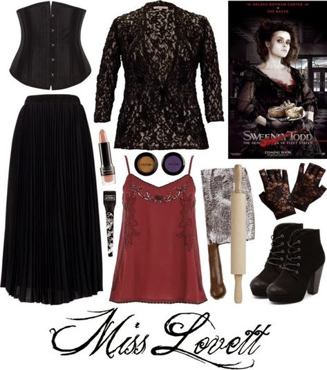 COSTUME: Miss Lovett from "Sweeney Todd: The Demon Barber of Fleet Street" Mrs Lovett Costume, Sweeney Todd Mrs Lovett, Sweeney Todd Costume, Mrs Lovett, Dark Grey Skirt, Red Camisole, Fleet Street, Sweeney Todd, Diy Costume