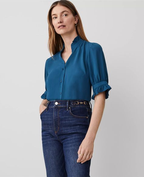 Ruffle Button Top Summer Blouses For Women, Ann Taylor Petite, Teal Blouse, Knitted Suit, Summer Blouses, Petite Tops, Button Top, Ruffle Collar, Puff Sleeve Top