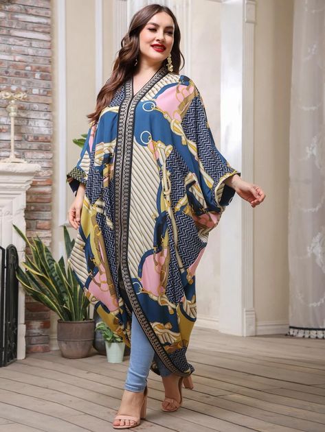 Plus Chevron And Chain Print Kaftan Dress | SHEIN USA Latest Abaya Designs, Turkey Party, Kaftan Styles, Kaftan Designs, Simple Kurta Designs, Awards Night, Long Kurti Designs, Abaya Designs, Fancy Dress Design