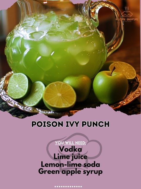 🌿🧃 Get ready to sip on something wicked with the Poison Ivy Punch! A vibrant and refreshing drink perfect for Halloween! Poison Ivy Punch Ingredients: Vodka (1.5 oz) Lime juice (1 oz) Lemon-lime soda (3 oz) Green apple syrup (1 oz) Lime slices (for garnish) Instructions: In a pitcher, mix vodka, lime juice, green apple syrup, and ice. Top with lemon-lime soda. Garnish with lime slices. 🍏✨ Enjoy the Poison Ivy Punch! This eye-catching beverage is sure to be a hit at your spooky gatherings.... Poison Ivy Cocktail, Green Apple Drinks, Halloween Vodka Punch, Pitcher Drinks Alcohol, Halloween Pregame, Halloween Poison Ivy, Wicked Party, Apple Syrup, Medical Remedies