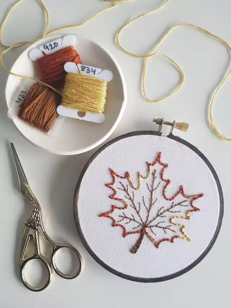 A nice fall leaf before the snow comes ? - Imgur November Embroidery, Fall Embroidery, Fall Embroidery Designs, Embroidery Stitches Beginner, Embroidery Leaf, Diy Embroidery Patterns, Hand Embroidery Tutorial, Border Embroidery Designs, Handmade Embroidery Designs