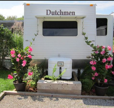 Rv Lot Landscaping Ideas, Permanent Camper Site Ideas, Trailer Porch, Seasonal Campsite, Campsite Decorating, Campsite Ideas, Storage And Organization Ideas, Bucking Horse, Rv Sites