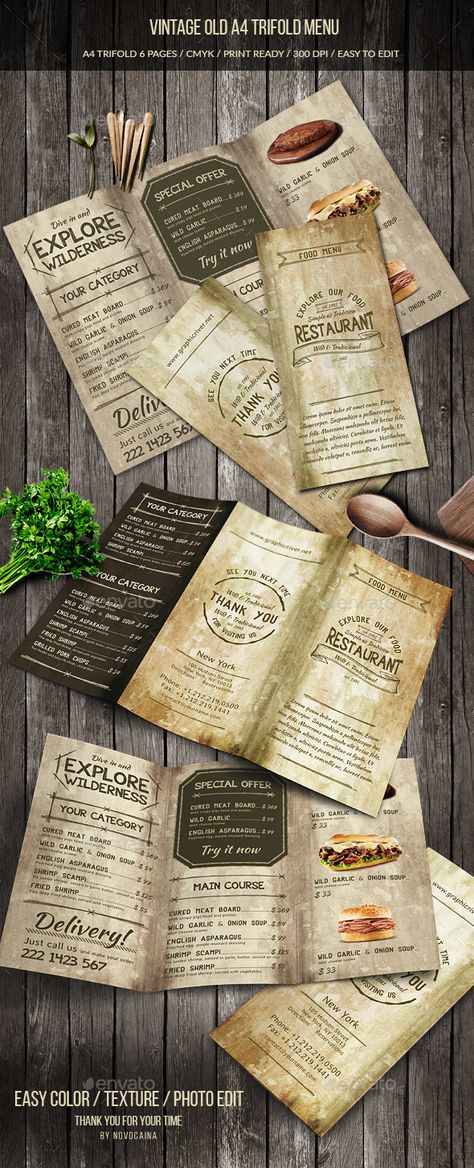 Vintage Old A4 Trifold Menu Template PSD. Download here: https://graphicriver.net/item/vintage-old-a4-trifold-menu/17471668?ref=ksioks Menu Vintage, Menu Layout, Rustic Ideas, Food Menu Template, Trifold Brochure Design, Restaurant Menu Template, Rustic Restaurant, Menu Printing, Vintage Menu