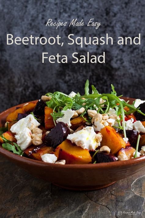 The earthy flavour of beetroot, the sweetness of butternut squash and the saltiness of feta make a delicious combination in this Beetroot, Squash and Feta Salad. Butternut Squash And Beets Recipes, Beetroot Feta Salad, Beetroot And Butternut Salad, Beetroot And Feta Salad Recipe, Beetroot And Feta Salad, Roasting Beets In Oven, Feta Salad Recipe, Beet Salad Recipes, Squash Salad