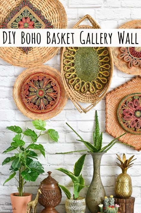 Boho wall hanging and basket wall decor by thrift shopping for straw trivets and flat baskets Boho Straw Wall Decor, Decor With Baskets, Diy Basket Wall, Boho Basket Decor, Basket Gallery Wall, Makey Makey, Boho Basket, Boho Gallery Wall, Painted Baskets