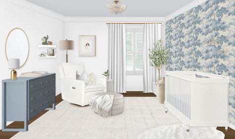 White and Blue Nature Themed Nursery E-Design - Little Crown Interiors Nature Themed Nursery, Nursery Interior Design, Nursery Interior, White Blackout Curtains, Blue Dresser, Nursery Glider, Blue Nature, White Nursery, Favorite Paint