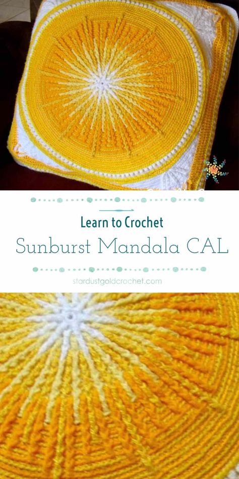 Crochet Along with Jenny Augenia Lawson | Sunburst Mandala Cushion CAL starts NOVEMBER 10th | Crochet-a-Long-with-US! – Stardust Gold Crochet Crochet Sun Mandala, Crochet Sun Blanket, Celestial Crochet Patterns, Celestial Crochet, Sunburst Crochet, Crochet Sunburst, Crochet Music, Sun Crochet, Mandela Patterns