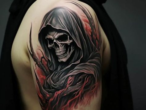 The True Meaning Behind Grim Reaper Tattoos Grim Reaper Tattoo Meaning, Grim Reaper Forearm Tattoo, Grim Reaper Meaning, Gream Reaper Tattoo, Grim Reaper Tattoo Stencil, Grim Reaper Tattoo Designs Drawings, Grimm Reaper Tattoo, Skull With Wings Tattoo, Tattoo Grim Reaper