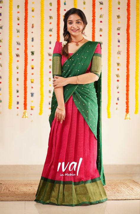 Pink Half Sarees, Silk Half Saree, Saree Wearing, Saree Wearing Styles, Half Saree Lehenga, Half Sarees, Casual Indian Fashion, Half Saree Designs, Green Saree