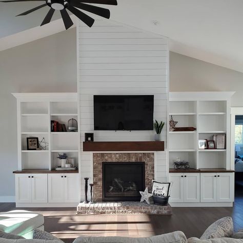 Built In Shelves With Vaulted Ceiling, Fireplace Built Ins Vaulted Ceiling, Fireplace With Vaulted Ceiling, Lake House Great Room, Built In Tv Wall Unit, Fireplace Walls, Vaulted Ceiling Living Room, Fireplace Room, Dream Country