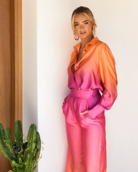 Pink and Orange Ombre Satin Blouse Pant Outfits, Satin Clothing, Satin Bluse, Tie Dye Pants, Mid Waist Pants, Colorful Gradient, 2 Piece Sets, Satin Long Sleeve, Tie Dye Outfits