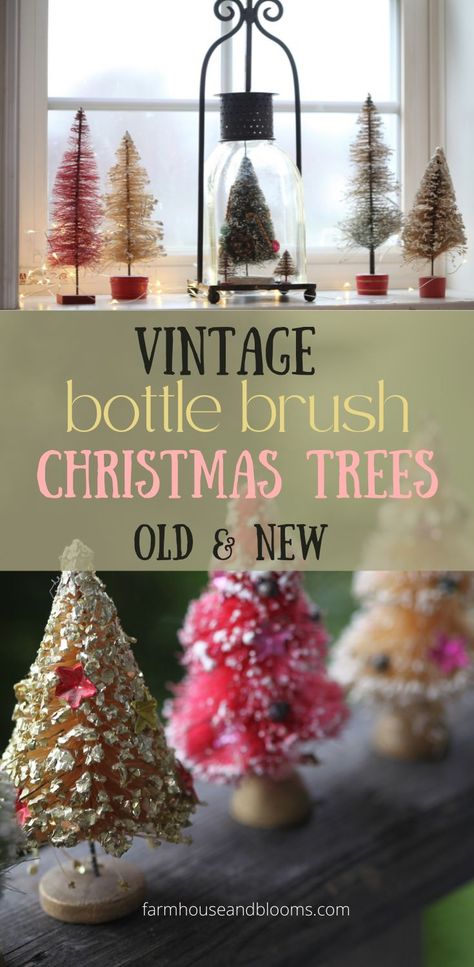 two pictures of various vintage bottle brush trees on display Bottle Brush Trees Display, Diy Xmas Decor, Symbols Of Christmas, Farmhouse Decorations, Bottle Brush Christmas Trees, Christmas Furniture, Christmas Displays, Decorated Bottle, Bottle Brush Tree