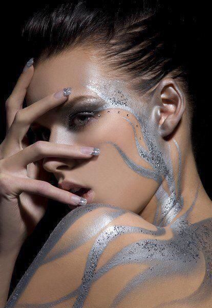 Silver fantasy body art Liquid Hair, Runway Makeup, Art Videos Tutorials, Painted Nail Art, Halloween Make Up, Beauty Shots, Fantasy Makeup, Editorial Makeup, Costume Makeup