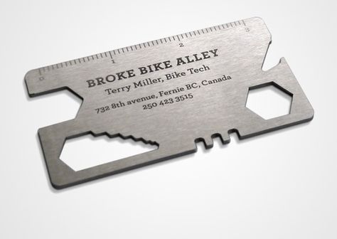 Broke Bike Alley’s business cards help you help your bike. The follow-up to their tire patch business card, this card cum tool fits in your wallet and lets you adjust your bolts and spokes. And open your beer. (Designer: Rethink Canada)  || #branding #identity #business #strategy #design #graphicdesign #typography Innovative Business Cards, Clever Business Cards, Buisness Cards, Metal Business Cards, Business Card Design Creative, Business Card Inspiration, 카드 디자인, Cool Business Cards, Unique Business Cards