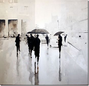 LOVE his art. Geoffrey Johnson. Geoffrey Johnson, Umbrella Art, People Figures, People Walking, Walking In The Rain, Painting People, In The Rain, Figurative Art, Figure Painting