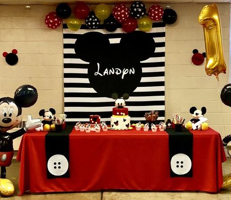 Celebrate Mickey Mouse in Style! 20 Mickey Mouse-Themed Ideas – Blushing Drops Mickey Backdrop, Candy Table Backdrop, Mickey Mouse Backdrop, Birthday Party Photo Backdrop, Mickey Font, Mouse Candy, Mickey Mouse Theme Party, Mickey Mouse Birthday Theme, Mickey Mouse Birthday Decorations