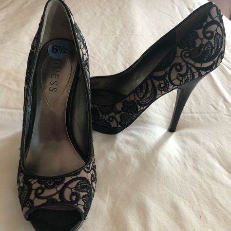 6.5 Black Lace Guess Heels. Nwot. Wore Around House To Try Out. Too Tall With On So I Have Never Worn Out Very Stylish Chanel Coquette, Pretty Little Liars Aesthetic, Black Lace Heels, Shalom Harlow, Devon Aoki, Guess Heels, Cute Shoes Heels, Lace Heels, Claudia Schiffer