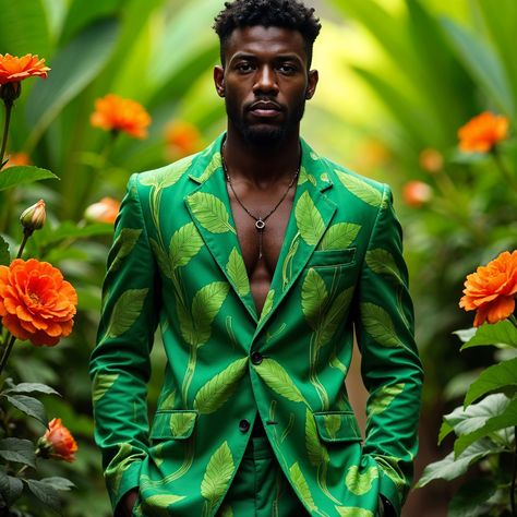 "Elegance in Nature: A Man Among Sunflowers" . . "A man with natural hair wearing a green suit adorned with golden leaf patterns stands confidently in a vibrant sunflower field, with the warm glow of the sunset behind him." Men Green Aesthetic, Leaf Patterns, Golden Leaf, Sunflower Field, Green Suit, Golden Leaves, Sunflower Fields, Nigerian Wedding, Hair Wear