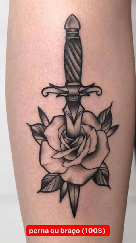 Poppy Tattoo Men, Daggar Tattoo, Knife And Rose Tattoo, Rose And Dagger Tattoo, Snake And Dagger Tattoo, Rose And Dagger, Rose Tattoo Thigh, Minimalist Tattoo Ideas, Rose Flower Tattoos