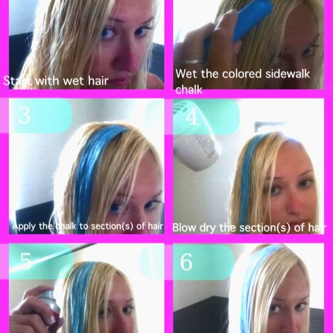 Temporarily dye your hair with regular sidewalk chalk. Washes out with ease in one wash and works on all hair types. Hair Chalk Ideas, Growing Out Hair Tips, Diy Hair Chalk, Wash Out Hair Dye, Washable Hair Dye, Dyed Hair Ideas, Color Stripping Hair, Wash Out Hair Color, Box Hair Dye