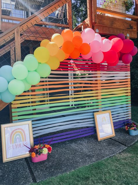 DIY Rainbow Birthday Party (that you can do too!) Rainbow Outdoor Party, Backyard Rainbow Birthday Party, Outdoor Rainbow Birthday Party, Rainbow Photo Wall, Rainbow Baby Birthday Party, Diy Rainbow Birthday Party, Birthday Decoration Rainbow, Rainbow Baby Birthday, Rainbow Theme Birthday