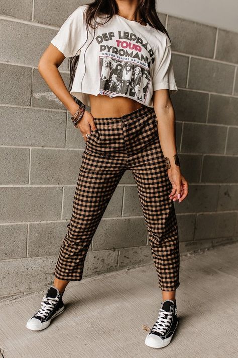 This item is not eligible for Priority Processing Make a bold statement with these Checked In Cropped Pants! With a mid-rise waist, an elastic back waist panel, and a cropped hem, these pants flatter any shape while the tan & black checkered print adds a touch of boldness. The straight-leg fit ensures these pants remain comfortable all day. Are you ready to check in? Mid-rise waist Elastic back waist panel Cropped length hem Tan & black checkered print Straight leg fit 100% Cotton XSmall - Waist: 25", Hip: 35.5", Inseam: 24" Small - Waist: 27", Hip: 37.5", Inseam: 24.5" Medium - Waist: 29", Hip: 39.5", Inseam: 24.5" Large - Waist: 31.5", Hip: 42", Inseam: 24.5" XLarge - Waist: 36.5", Hip: 46.5", Inseam: 24.5" 2XLarge - Waist: 42", Hip: 51.5", Inseam: 24.5" 3XLarge - Waist: 46", Hip: 56", I Skater Style Women, Checkerboard Pants Outfit, Alternative Womens Fashion, Clean Goth Outfits Summer, Brown Checkered Pants Outfit, Adult Emo Fashion, Grunge Office Outfit, Feminine Grunge Outfits, Fun Pants Outfit