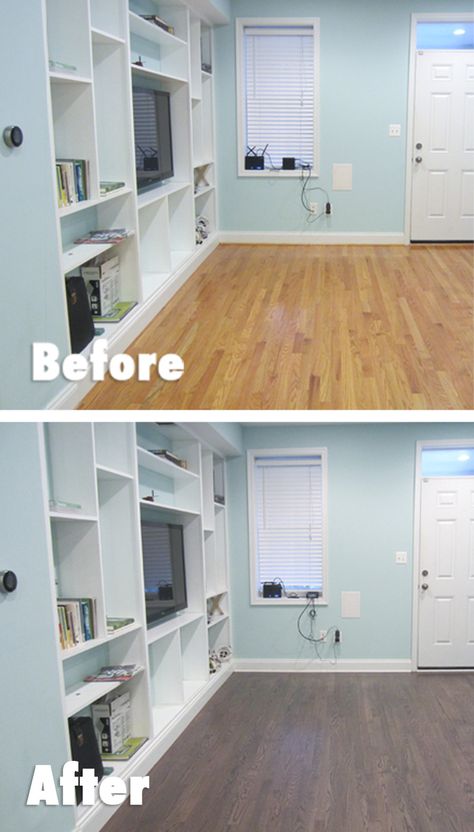 We refinished our shiny orange oak floors to a satin brown, and I couldn't be happier with the result! Restaining Wood Floors, Modern Bathroom Design Grey, Brown Wood Bed, 90s Bedroom, Grey Wood Floors, Orange Bathrooms, Refinishing Hardwood Floors, Refinishing Floors, Dining Room Combo