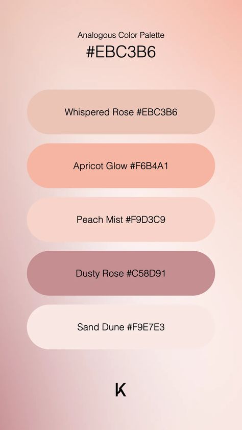 Analogous Color Palette Whispered Rose #EBC3B6 · Apricot Glow #F6B4A1 · Peach Mist #F9D3C9 · Dusty Rose #C58D91 · Sand Dune #F9E7E3 Sand Pallete Color, Dune Color Palette, Yoga Branding Design, Analogous Color, Dusty Peach, Petal Dust, Colour Pallets, Yoga Branding, Hex Color Palette