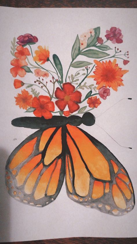 Butterfly and  flowers #waterpaint Beginner Butterfly Painting, Big Butterfly Painting, Mother’s Day Painting Ideas Butterfly, Acrilic Paintings Ideas Butterfly, Butterfly Waterpaint, Butterfly With Flowers Painting, Butterfly Painting With Flowers, Painting Ideas On Canvas Butterflies, Flowers And Butterflies Painting